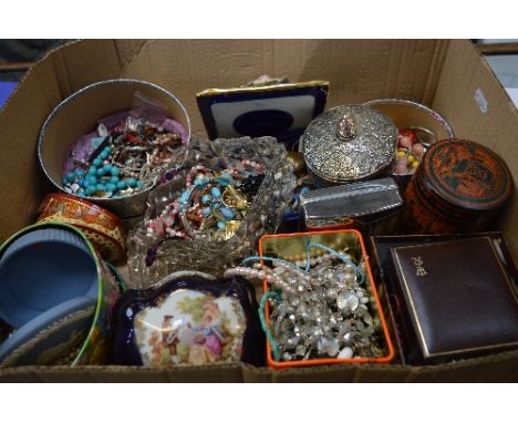 A LARGE BOX OF COSTUME JEWELLERY, and trinket boxes