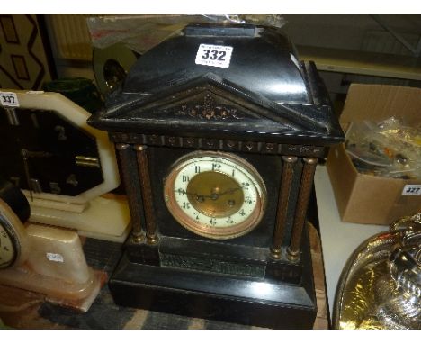 A SLATE MANTLE CLOCK, (key and pendulum)