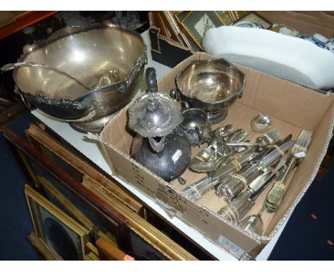 A PLATED PUNCH BOWL AND LADLE, and various other plated items, flatware etc