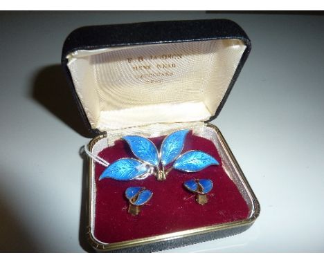 DAVID ANDRESON BROOCH AND EARRINGS, both with blue enamel within foliage shape design, stamped DA 925 Sterling Norway