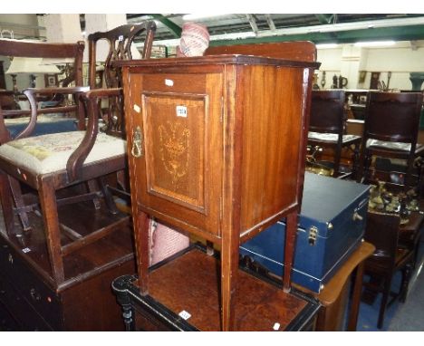 AN EDWARDIAN MAHOGANY INLAID BEDSIDE CABINET, a brass standard lamp with shade and a circular maroon ground 100% worstead woo