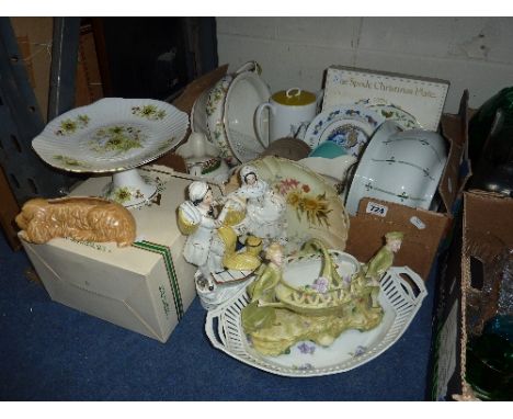 A BOX AND LOOSE CERAMICS, to include Staffordshire figure group, Poole trinket dishes, Susie Copper coffee pot