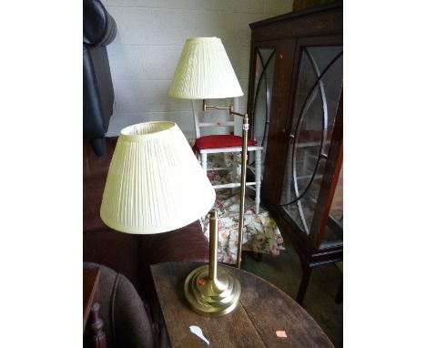 A BRASS STANDARD LAMP, matching table lamp, bedroom chair and another chair (4)