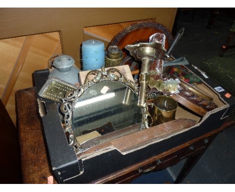 A BOX OF MISCELLANEOUS, to include barometer, brass meat jack etc
