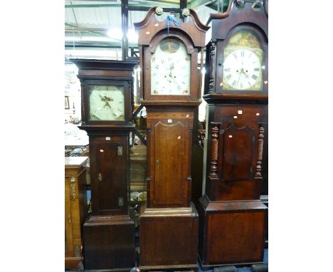 A GEORGIAN OAK AND MAHOGANY LONGCASE CLOCK, eight day movement, painted arched face marked Stonehouse Leeds, (pendulum, two w