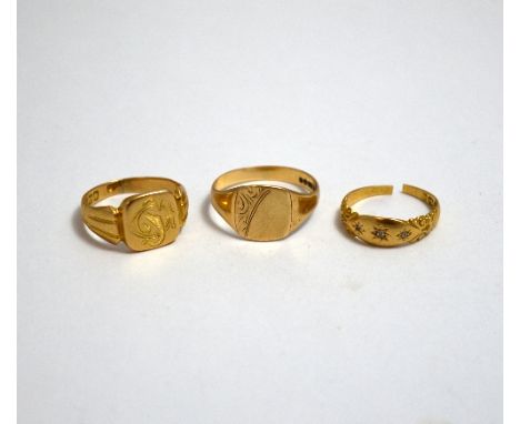 THREE RINGS, to include two 18ct gold rings, the first a signet ring, the second an old cut diamond gypsy style ring, togethe