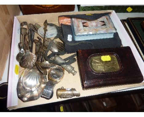 A TRAY OF SUNDRIES, to include silver Father Christmas fork, vesta/whistle, mother of pearl plaque, bibles, wristwatch etc