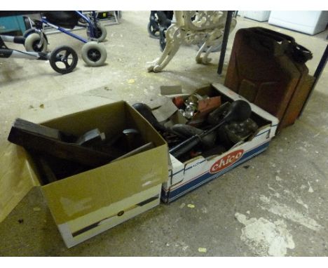 TWO BOXES OF MISCELLANEOUS, including hand tools and two jerry cans