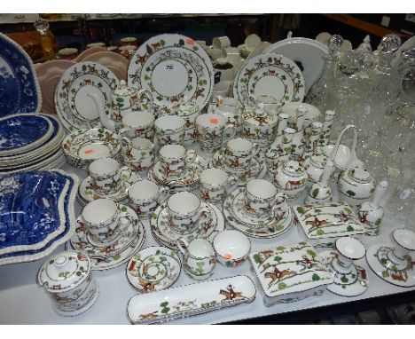 CROWN STAFFORDSHIRE CHINA TEA/COFFEE WARES AND TRINKETS, 'Hunting' scenes pattern (over 60 pieces)