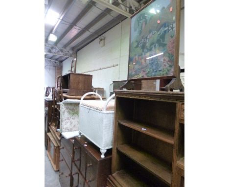 A PAINTED WICKER BEDROOM CHAIR, linen box and a firescreen etc (4)