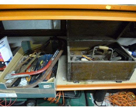 A WOODEN CRATE, and a box containing a quantity of various hand tools etc