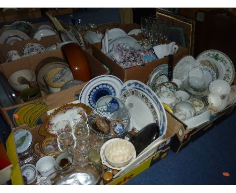 FOUR BOXES AND LOOSE CERAMICS, GLASS, PICTURES, BAGATELLE, JELLY MOULDS, BOOKS, etc