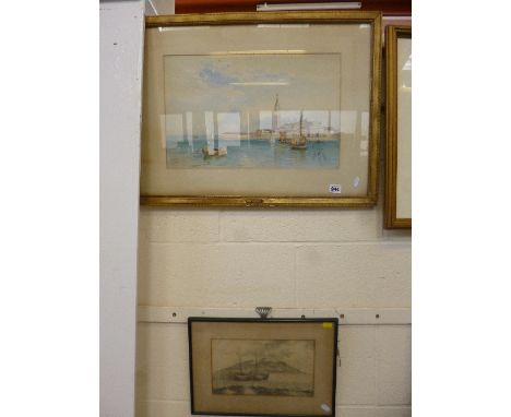 MONOGRAMMED YB, Mediterranean Estuary scene, watercolour, monogrammed lower right, 30cm x 46cm, and a pencil sketch of fishin