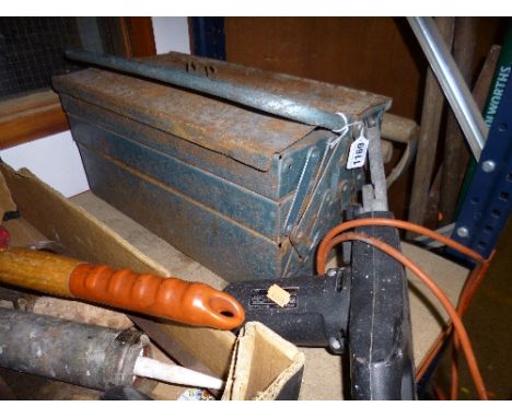 A METAL TOOLBOX, containing a quantity of various hand tools etc