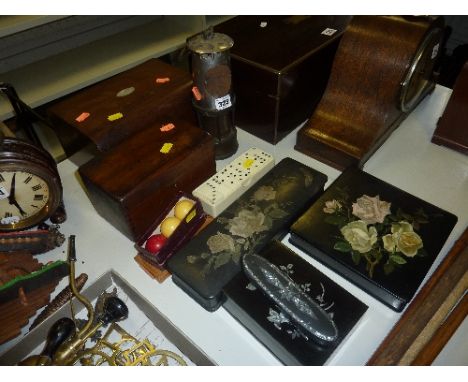 A MINERS LAMP, two work boxes, coins, dominoes, lacquered boxes etc