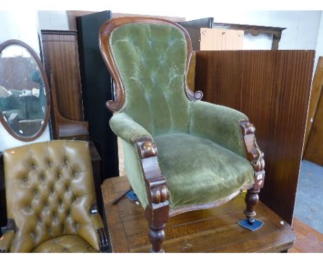 A VICTORIAN BUTTON BACK BEDROOM CHAIR, with mahogany frame (s.d.) in need of reupholstering