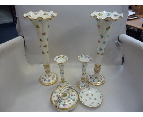 TWO PAIRS OF MINTONS FLUTED VASES, heights approximately 26.5cm and 12.5cm, a small matching covered basket (s.d.) and anothe