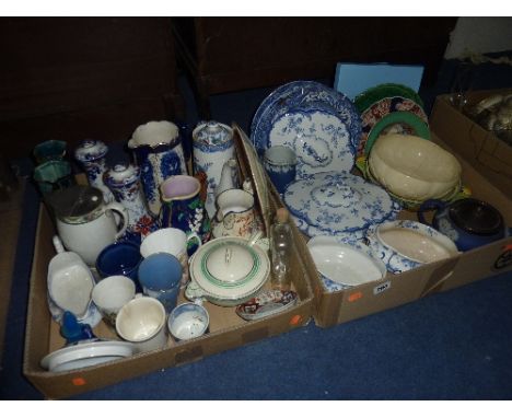 TWO BOXES OF CERAMICS, GLASS, etc, to include Prattware (s.d.), oriental, Spode etc