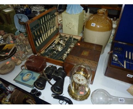 VARIOUS SUNDRIES, stoneware flagon, binoculars, inlaid work box, canteen of cutlery, domed clock, novelty 'Pistol' lighter