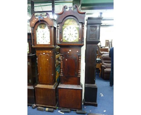 A 19TH CENTURY MAHOGANY LONGCASE CLOCK, eight day movement, painted arched face marked John Parry Stoke (pendulum, two weight