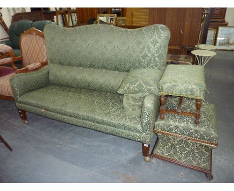 A GREEN UPHOLSTERED SOFA, and two various stools (3)