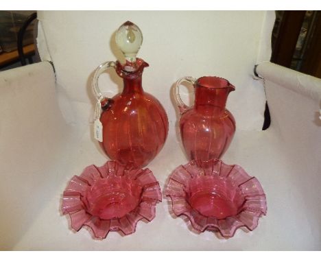 FOUR PIECES OF RUBY COLOURED GLASSWARES, (4)