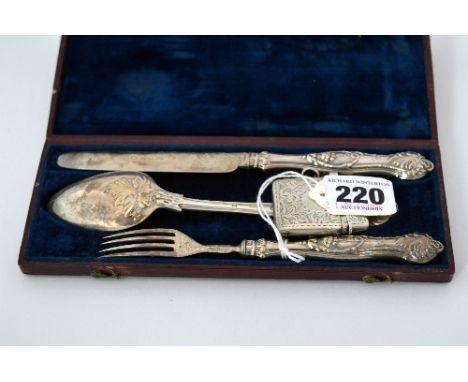 A BOXED WILLIAM IV SILVER, knife, fork and spoon christening set, Sheffield 1836 together with a silver vesta