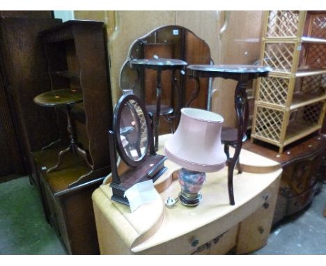 A MAHOGANY OCCASIONAL TABLE, with undershelf, swing mirror, wine table and a table lamp (4)