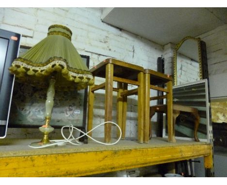 A BOX CONTAINING VARIOUS HAND TOOLS ETC, firescreen, three various stools, gilt mirror, table lamp etc 