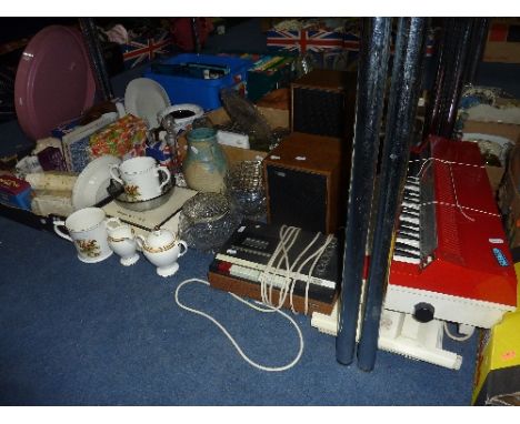 THREE BOXES AND LOOSE CERAMICS, GLASS, MIRROR, KEYBOARD, STEREO, etc, to include Worcester loving cups 'Hunting' scenes, earr