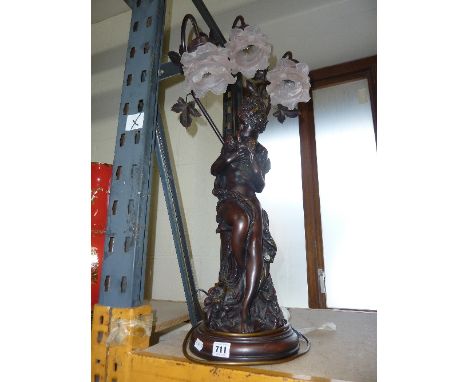 A DECO STYLE TABLE LAMP, depicting semi-nude lady with birds