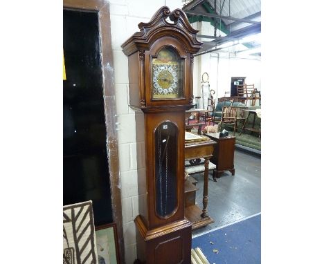 A MODERN MAHOGANY LONGCASE CLOCK, with glazed door and triple brass weights (pendulum)