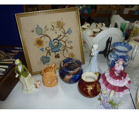 VARIOUS CERAMICS AND FRAMED TAPESTRY, to include Royal Doulton figure 'Sarah' HN3852, 'Olivia' HN3717, Coalport figure, Crown