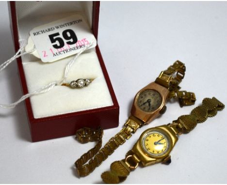 THREE ITEMS, to include two ladies watches together with a three stone diamond ring