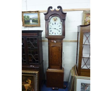 A GEORGIAN OAK AND MAHOGANY LONGCASE CLOCK, thirty hour movement, unmarked painted arched face (pendulum and one weight) (s.d