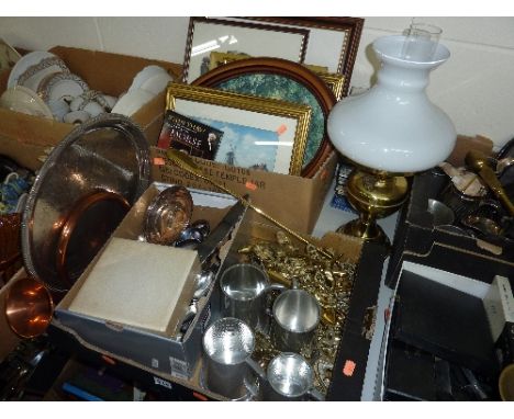 TWO BOXES AND LOOSE METALWARE, PICTURES, C.D'S, etc, to include oil lamp, horse brasses etc