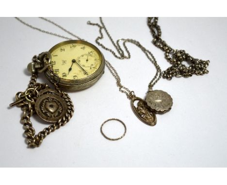 A COLLECTION OF ITEMS, to include a pocket watch, an albert chain and fob, two necklaces, a ring and a further chain