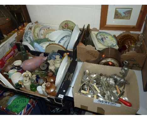 FOUR BOXES AND LOOSE CERAMICS, GLASS, MANTLE CLOCK, FLATWARE, etc