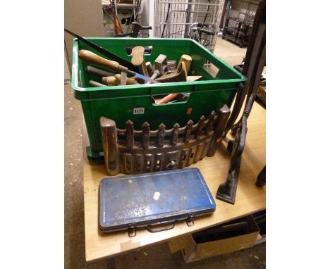 A PLASTIC BOX AND LOOSE, containing a quantity of hand tools, socket set etc