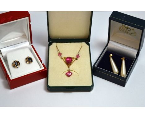 THREE ITEMS, to include a pair of sapphire stud earrings, a pair of pearl imitation earrings, together with a pink paste neck