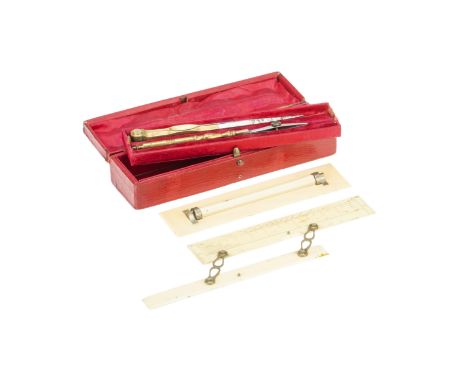 19th Century Drawing Instruments, English, c.1850, a small set in fitted red Morocco case, brass drawing pen and dividers, iv