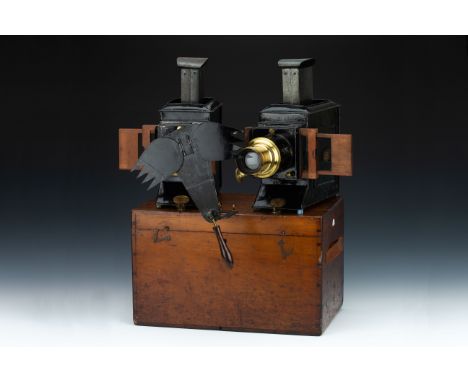 A Fine Pair of Newton & Co Phantasmagoria Dissolving Magic Lanterns, circa 1880, complete with two brass lenses, folding fan 