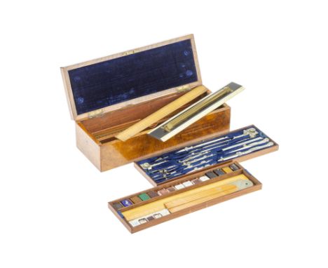 Large Set of Drawing Instruments, English, c.1880, unsigned , the French polished burr walnut veneered case with German silve