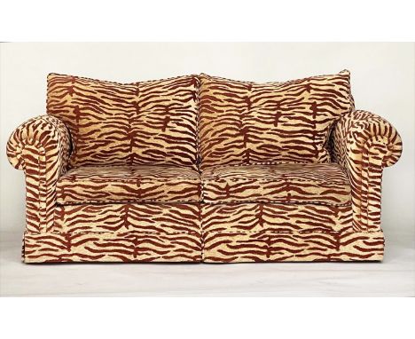 SOFA, Howard style terracotta patterned chenille velvet with feather filled seat and back cushions, 180cm W. 