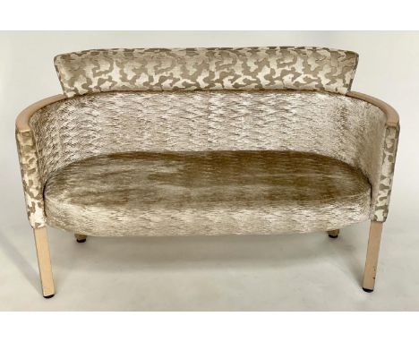 SOFA/SEAT, two seater with rounded back bois clair show wood and twin fabric gold twill and foliate satine upholstery by Coll