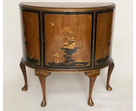 DEMI LUNE COMMODE, early 20th century satinwood and Chinoiserie decorated with central bow door and shaped supports, 93cm W x