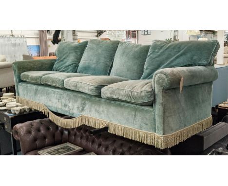 SOFA, Country House style design, 265cm W, blue velvet upholstered with a bullion fringe. 