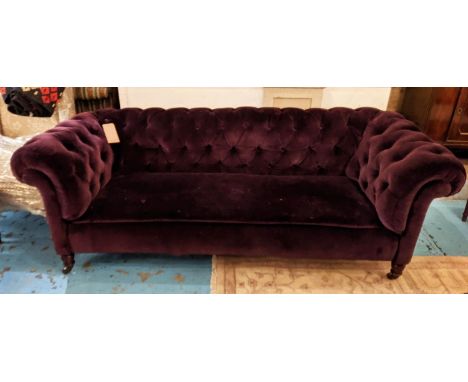 CHESTERFIELD SOFA, 212cm Lx 76cm H x 88cm D with a buttoned back and sides and purple velvet upholstery. 