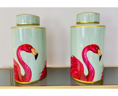 GINGER JARS, pair, 40cm high, 20cm diameter, glazed ceramic with flamingo print design. (2) 