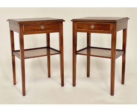 LAMP TABLES, a pair, George III style mahogany and satinwood crossbanded each with frieze drawer and undertier, 42cm W x 33cm